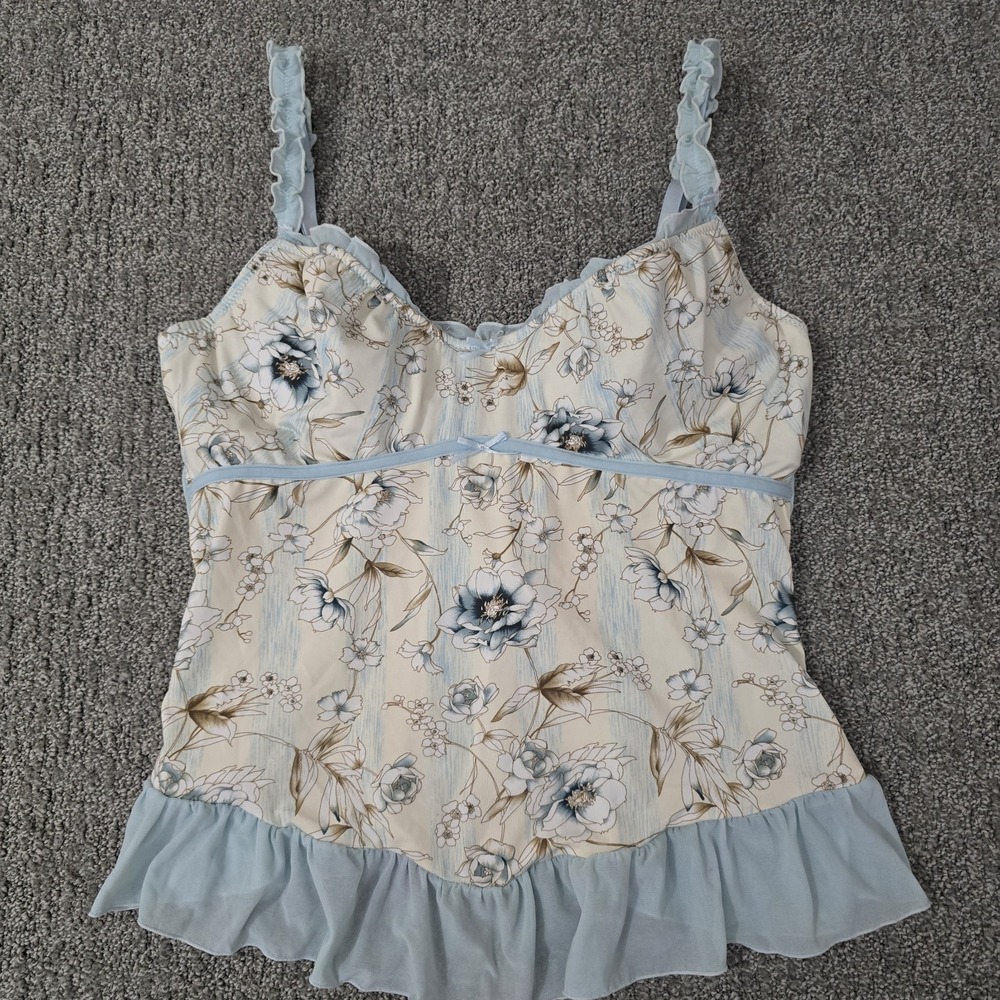 Rene Rofe Floral Babydoll Bustier Corset Top XL Ruffle Hem Cottagecore Lingerie